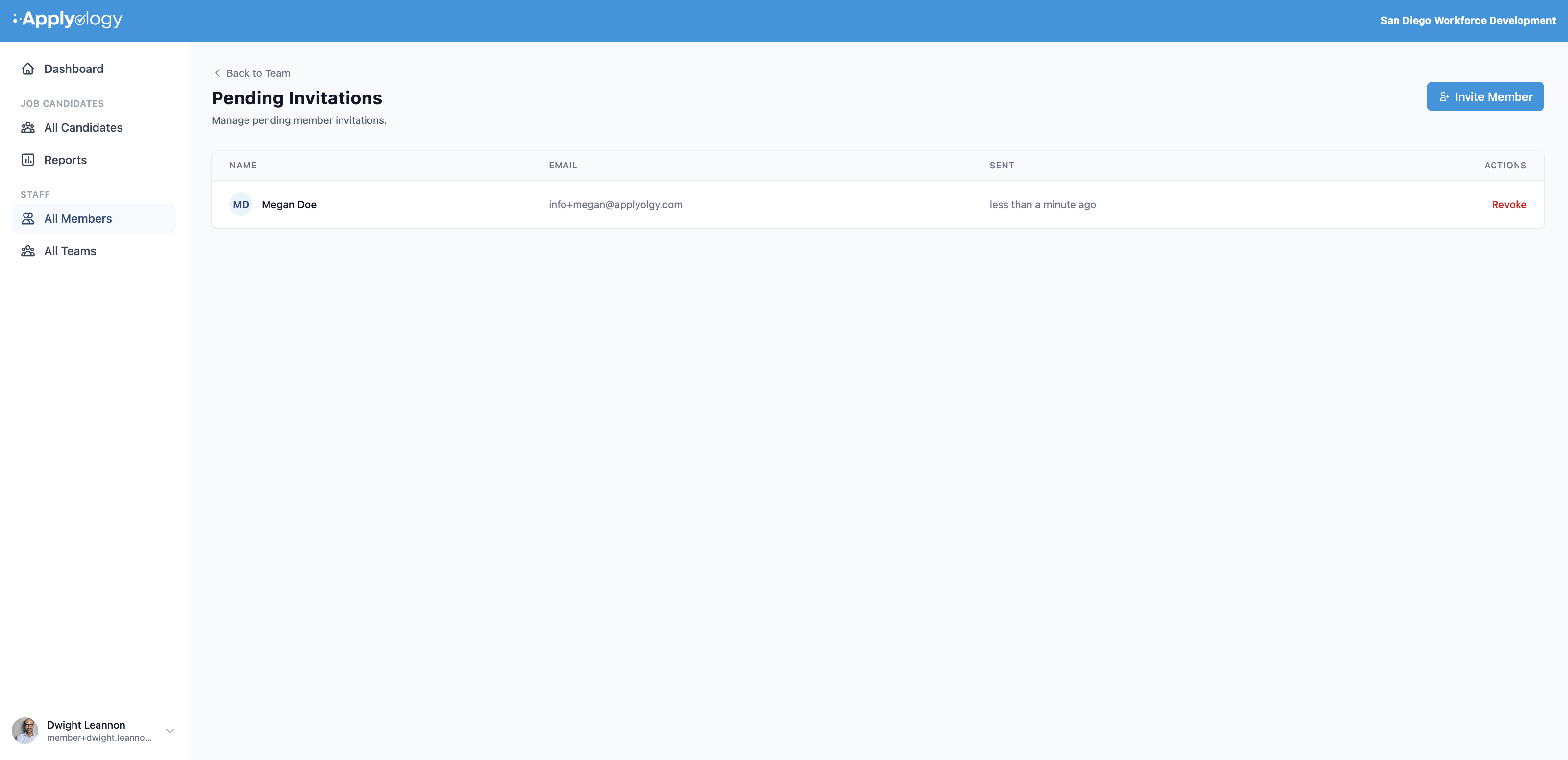 Applyology Pending Invitations page listing a pending member invitation with name, email, sent time, and a Revoke action