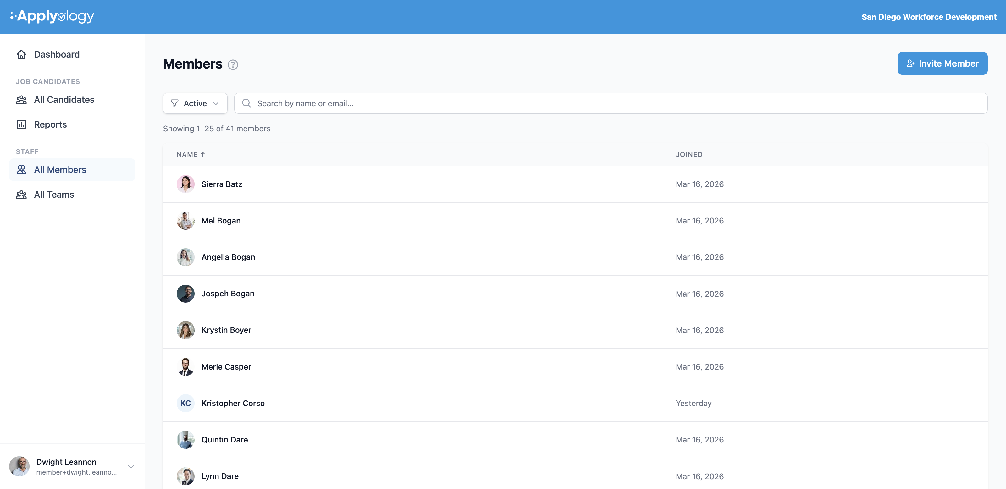 Applyology organization Members list with an Active filter, search box, an Invite Member button, and members listed by name and join date