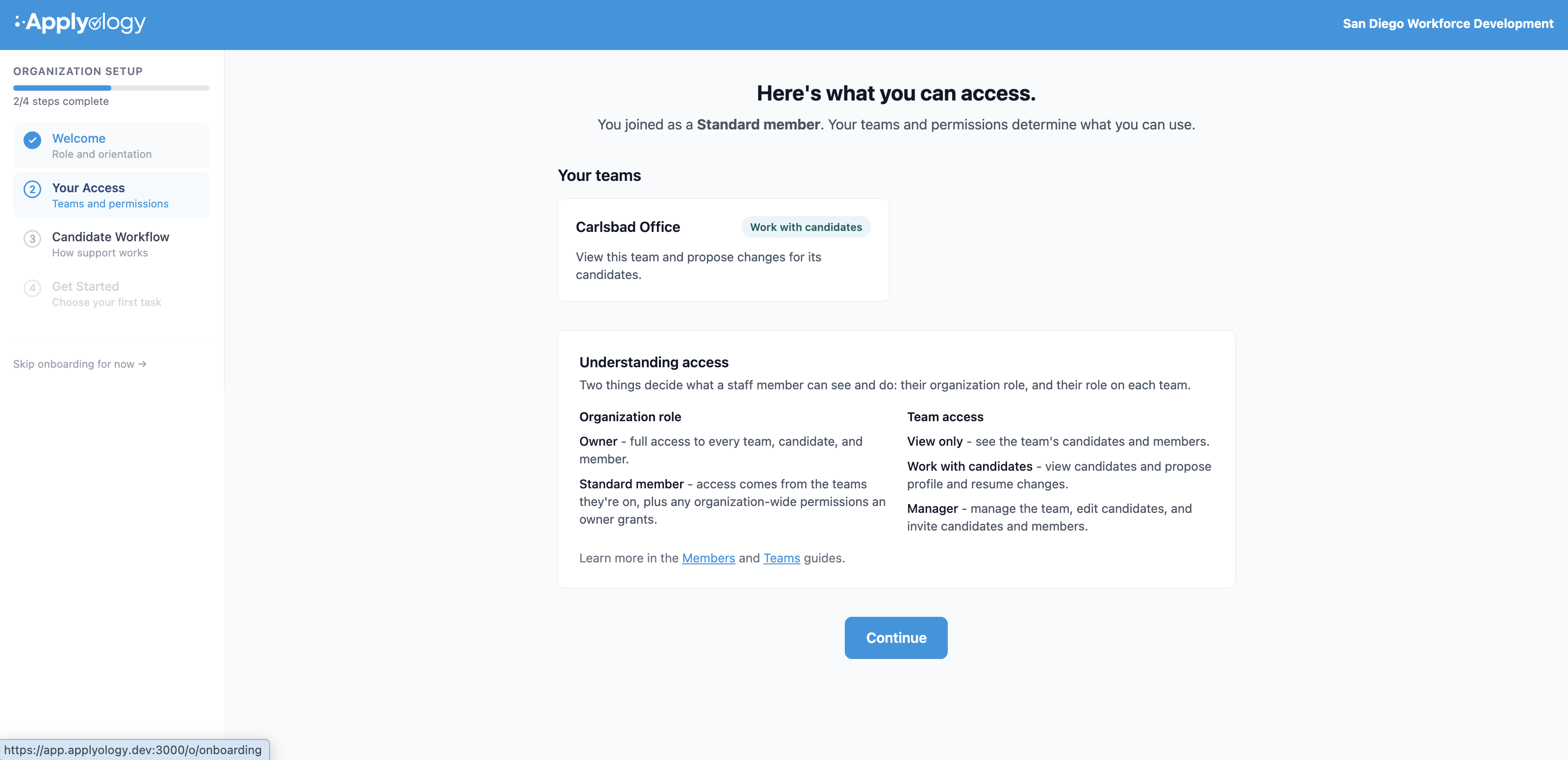 Applyology organization onboarding Your Access step listing the member's teams and an "Understanding access" breakdown of organization roles and team access levels
