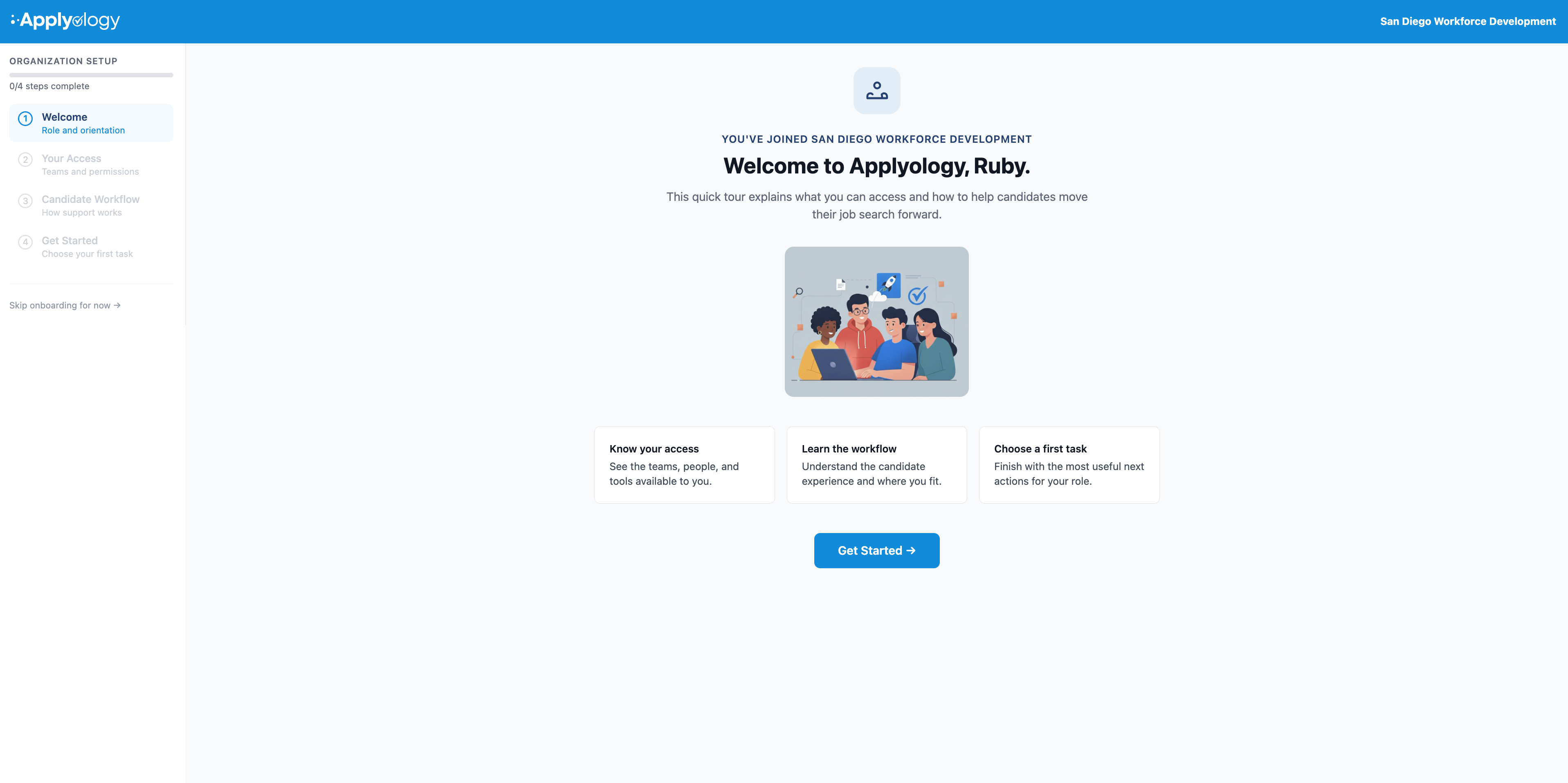 Applyology organization onboarding Welcome step with a progress sidebar, a welcome message, and three preview cards: Know your access, Learn the workflow, and Choose a first task