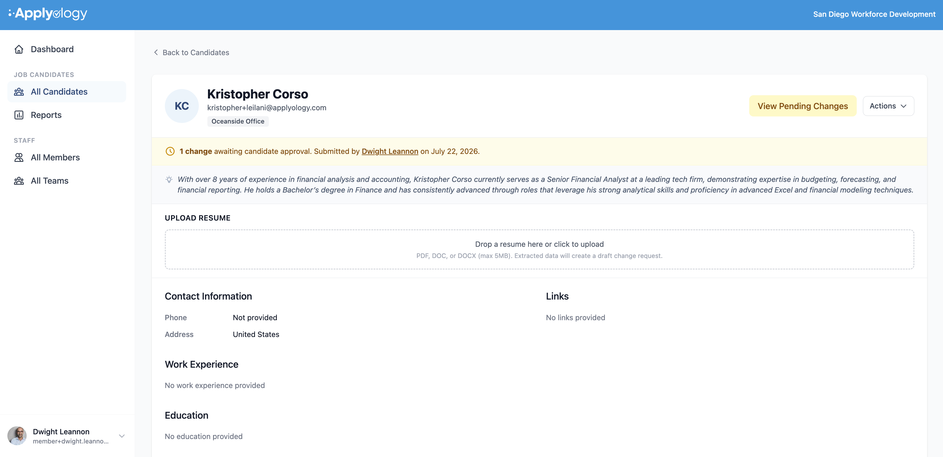 Applyology candidate profile as seen by staff, with a banner reading "1 change awaiting candidate approval" and a View Pending Changes button
