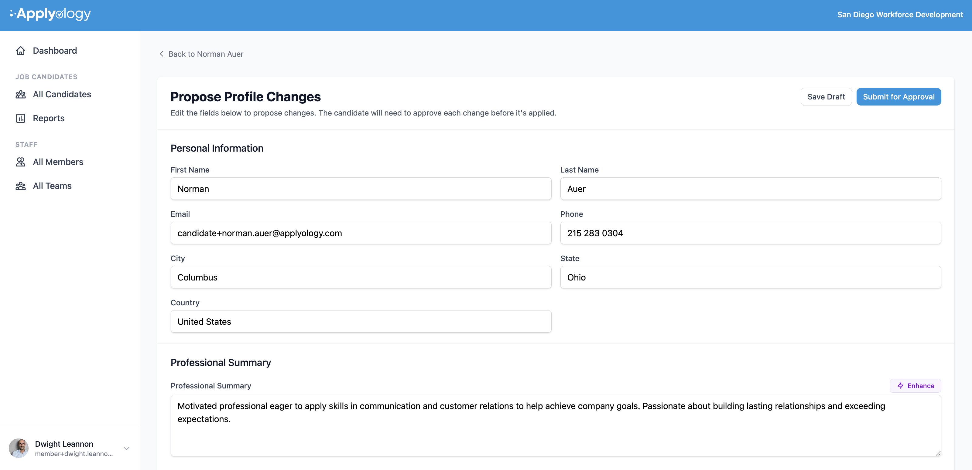 Applyology "Propose Profile Changes" form with editable Personal Information and Professional Summary fields, plus Save Draft and Submit for Approval buttons