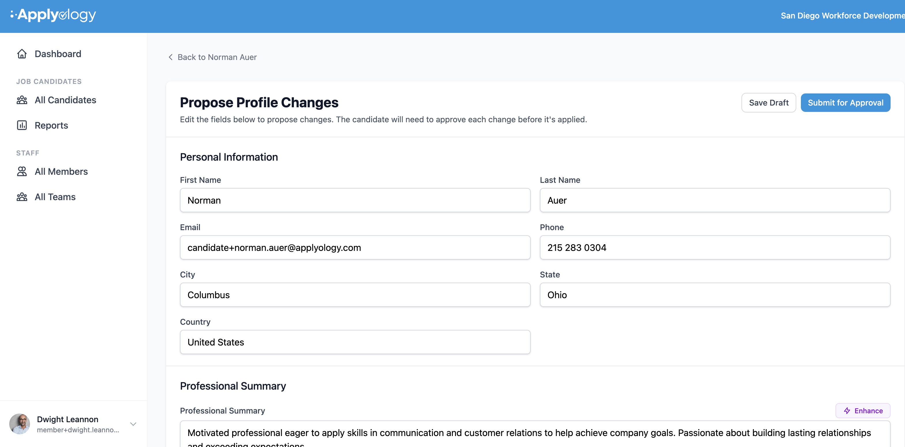 Applyology Propose Profile Changes form with editable Personal Information fields, Save Draft and Submit for Approval buttons