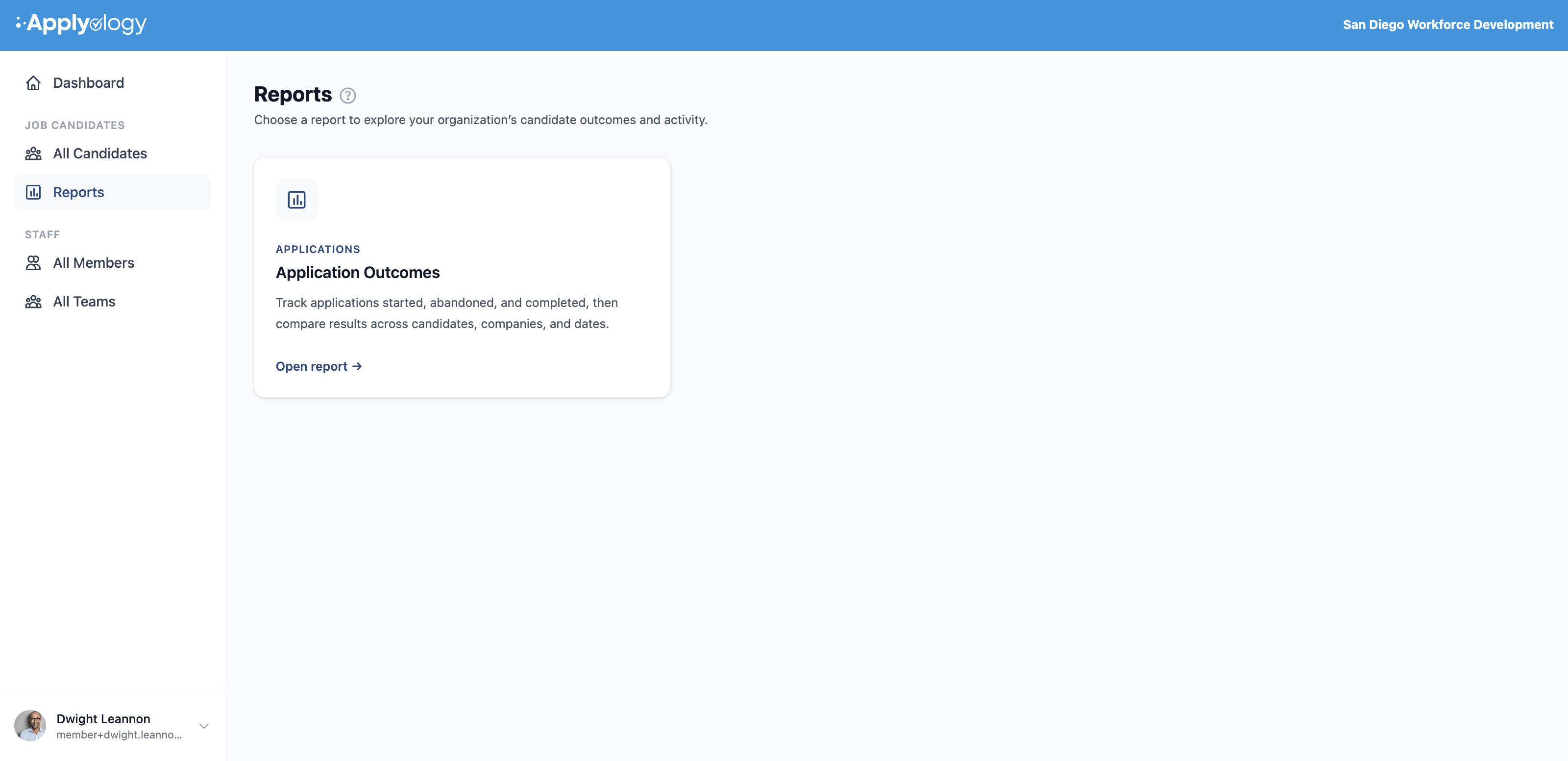 Applyology organization Reports landing page with an Application Outcomes report card and an Open report link