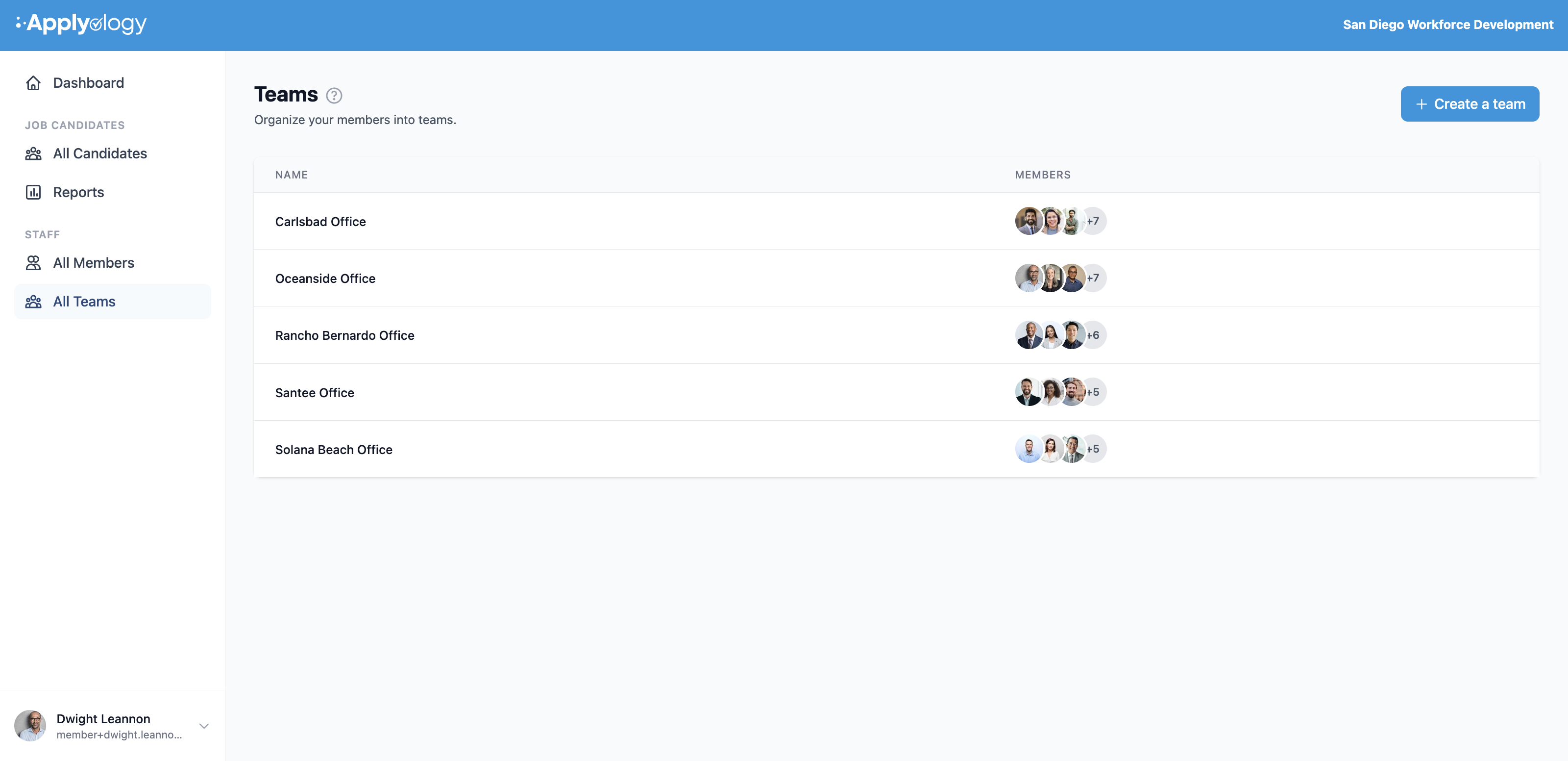 Applyology organization Teams list with a Create a team button and teams shown by name and member avatars
