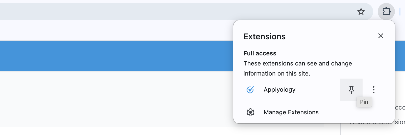 Pin the Applyology extension from the extensions menu in Google Chrome