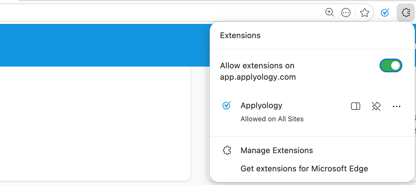 Pin the Applyology extension from the extensions menu in Microsoft Edge