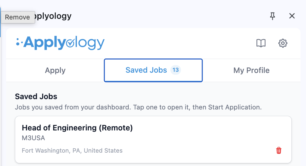 Applyology extension Saved Jobs tab showing the red trash icon on a saved job card