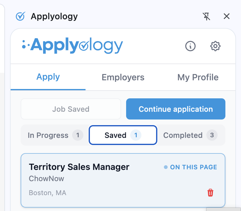 Applyology extension Saved segment showing the red trash icon on a saved job card