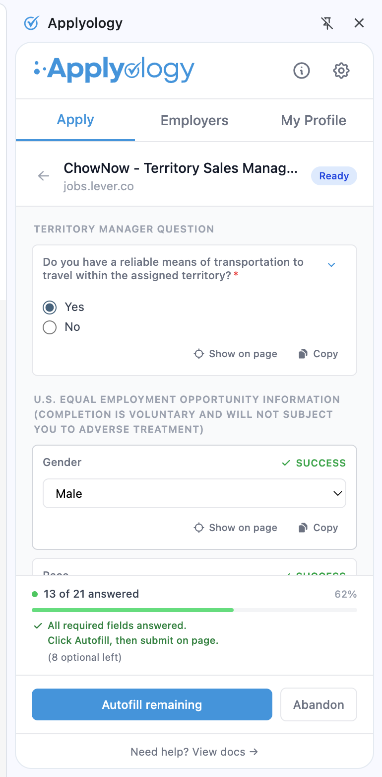 Applyology extension showing a Review application view with green Success pills, an "All required fields answered" banner, and an Autofill remaining button