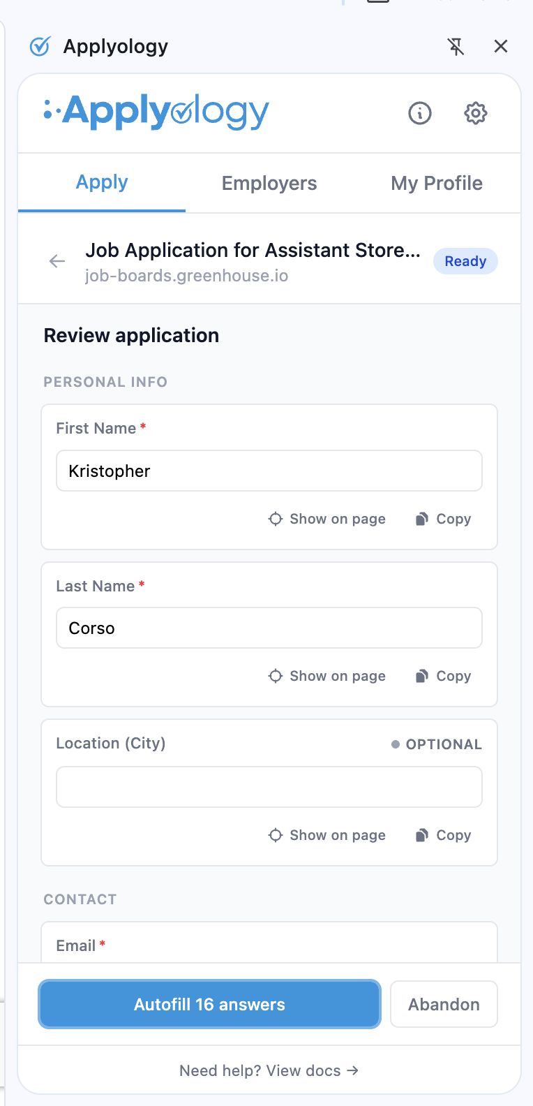 Applyology extension Review application view with First Name, Last Name, Location, and Email cards plus Autofill and Abandon buttons