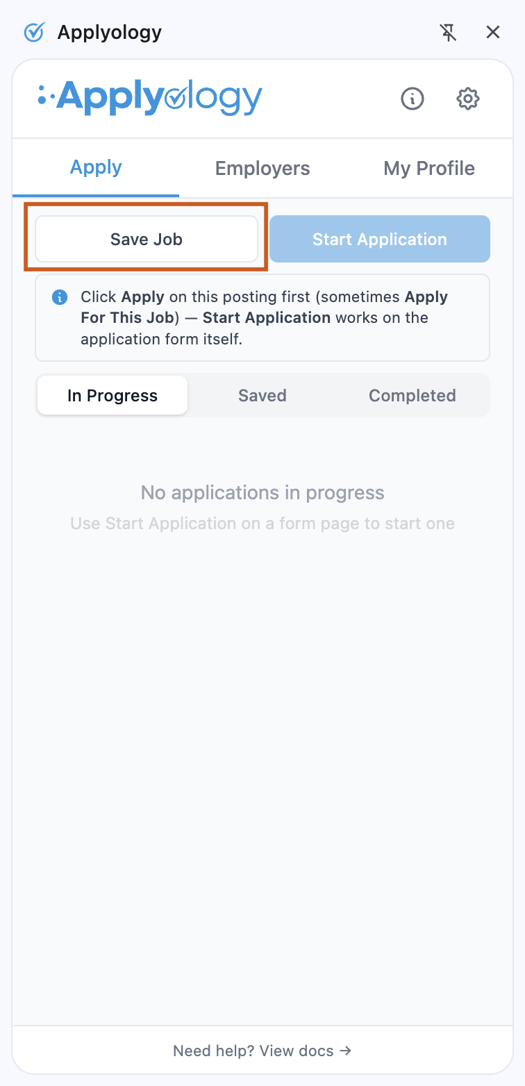 Applyology extension Apply tab with the Save Job button highlighted next to Start Application