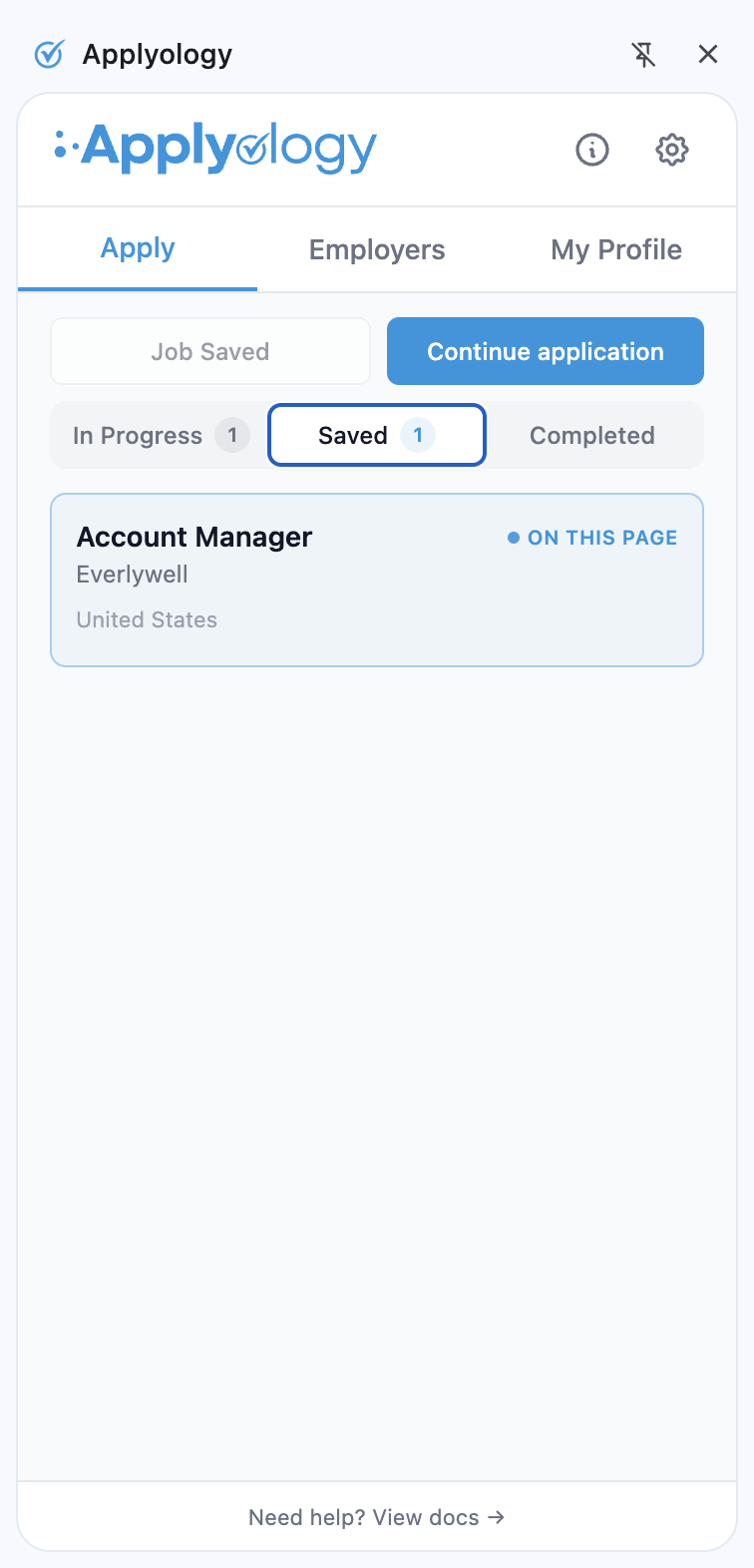 Applyology extension Apply tab Saved segment showing an Everlywell Account Manager saved job with the On This Page badge