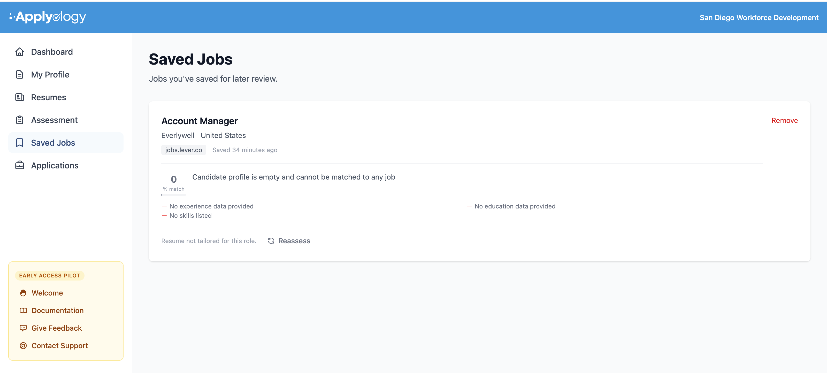 Applyology dashboard Saved Jobs page showing a saved Account Manager role at Everlywell with match score and Reassess action