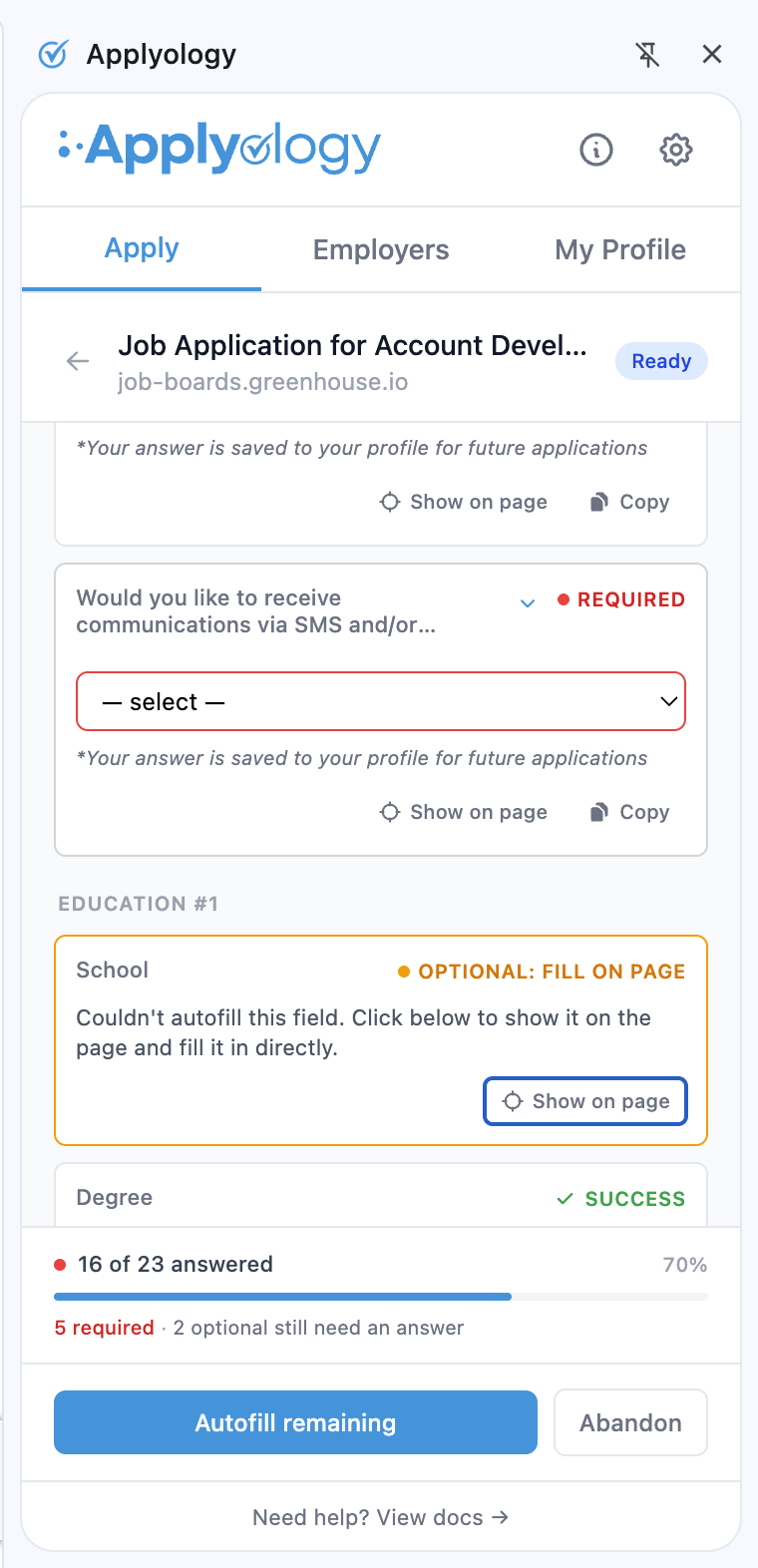 Applyology extension Review application view with a School card marked "OPTIONAL: FILL ON PAGE" and a Show on page action