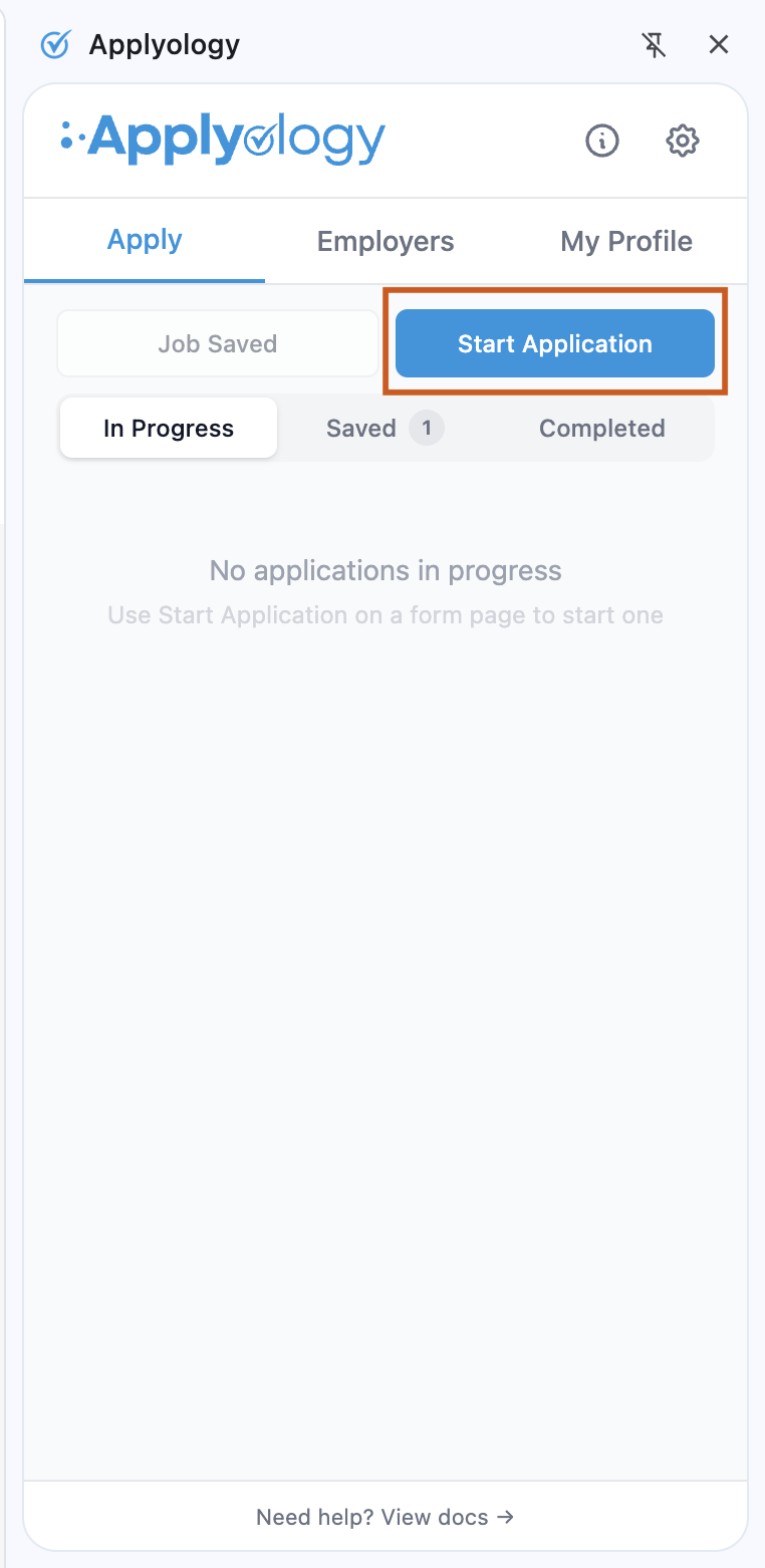 Applyology extension Apply tab with the Start Application button highlighted after saving a job