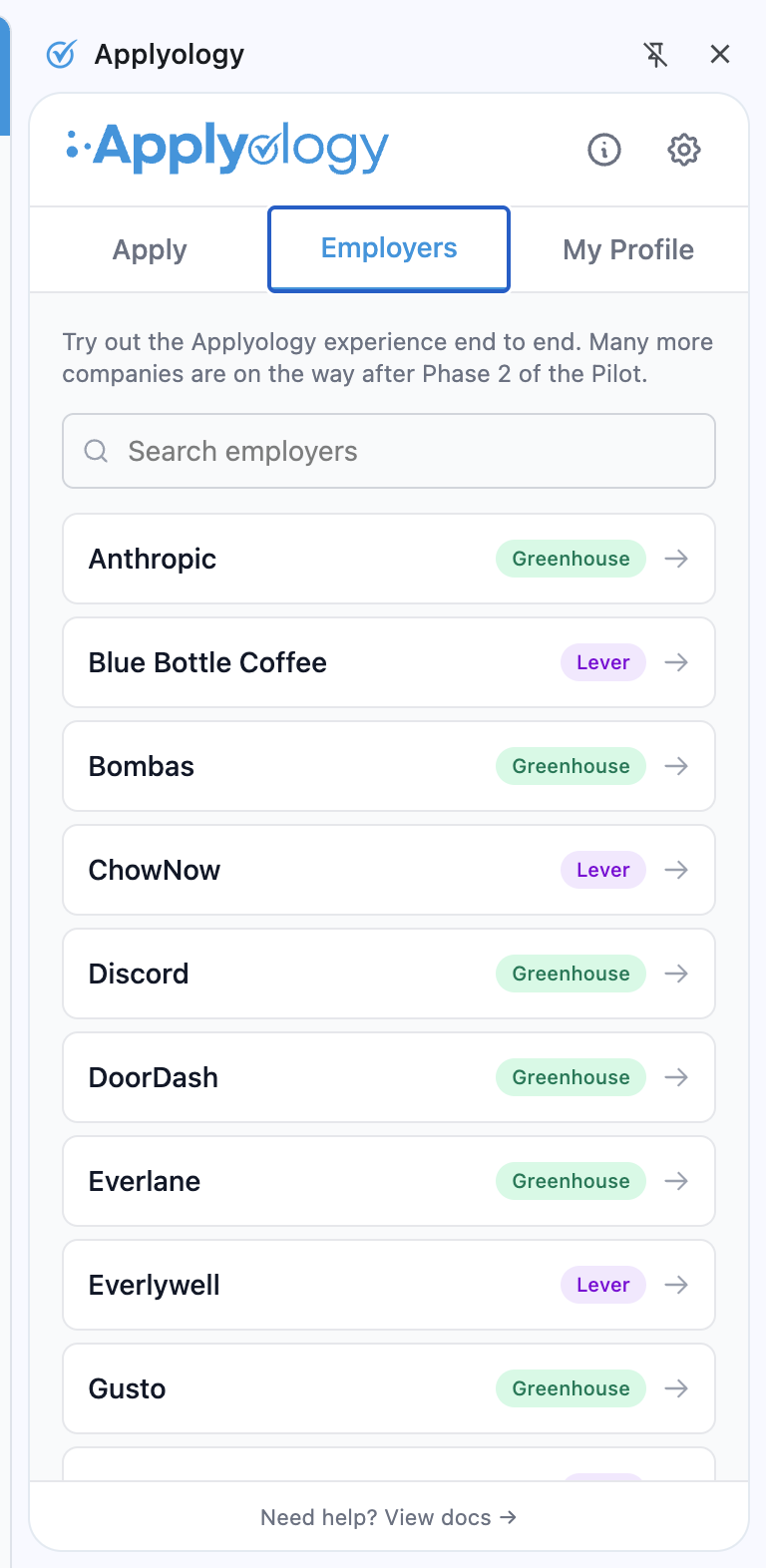 Applyology extension Employers tab with a list of supported companies and ATS badges
