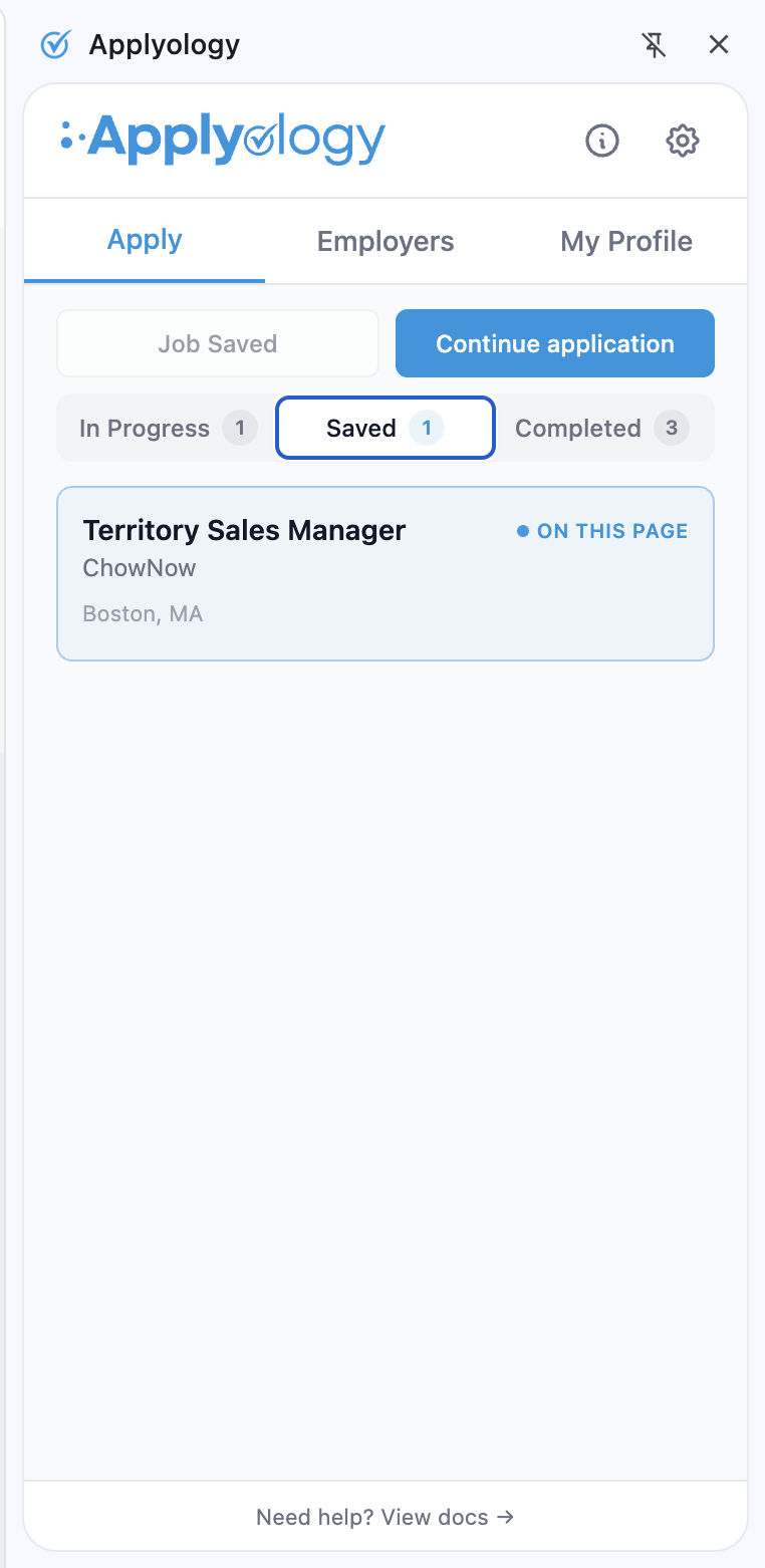 Applyology extension Apply tab Saved segment showing a ChowNow Territory Sales Manager saved job with the On This Page badge